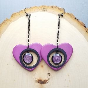 Purple Black Punk Goth Love Heart Long Dangle Drop Earrings